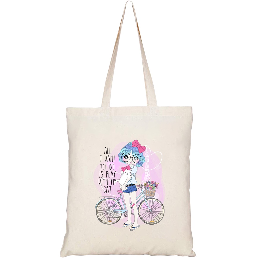 Túi vải tote canvas HTFashion in hình cute girl with cat HT114