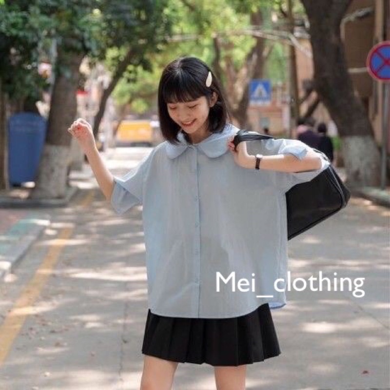 [Ảnh thật/video] Áo sơmi cộc tay babydoll cổ sen dáng rộng cute