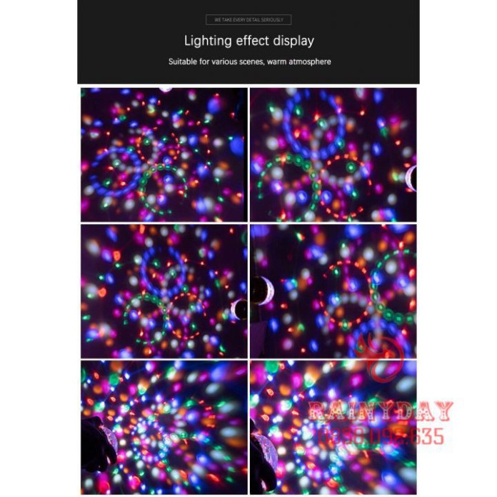 Đèn led xoay 7 màu vũ trường nháy chớp theo nhạc bay phòng sân khấu hiệu ứng 360 độ kèm đui cắm Decor 4.0