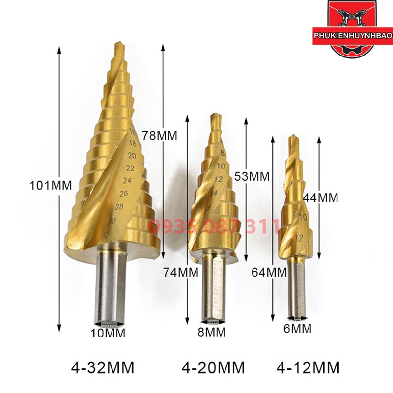 Bộ 3 Mũi Khoan Bước (Khoan Nón) Từ 4-32mm Phủ Titanium; Bộ Khoan Tháp Xoắn; Bộ 3 mũi khoan tháp xoắn ốc