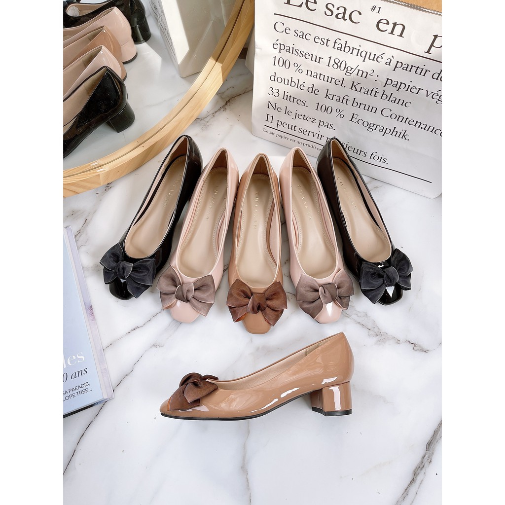 GIÀY CAO GÓT NỮ DA BÓNG MŨI TRÒN NƠ LỤA XINH XẮN CAO 4 CM
