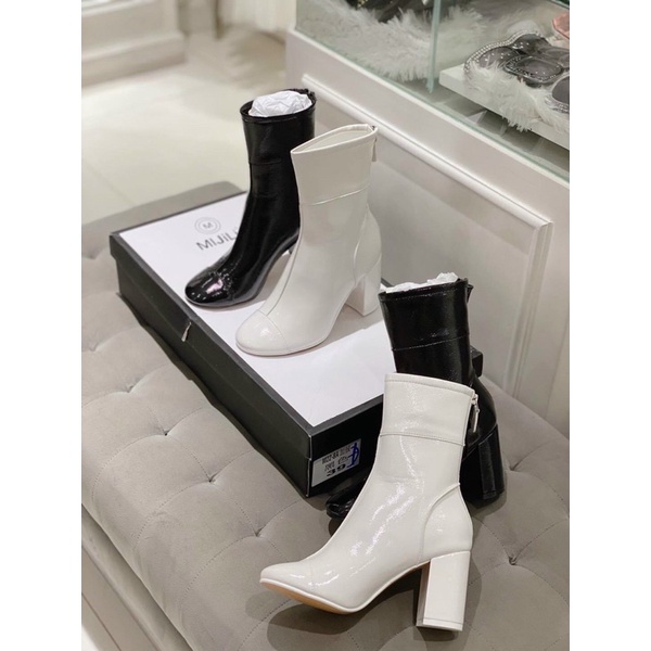 giày boot nữ cổ cao gót 7cm da bóng mũi tròn (fullbox bill túi)