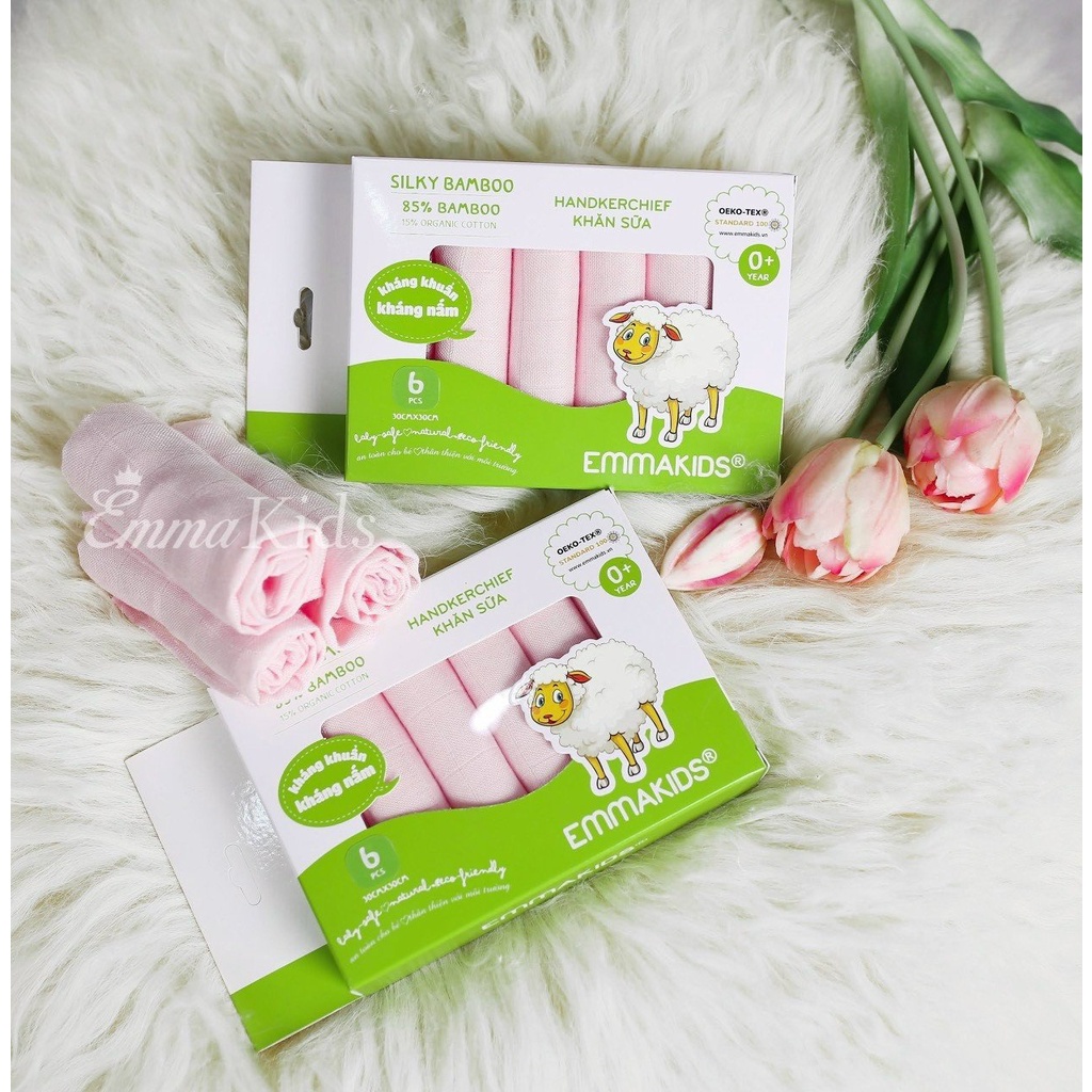 Khăn sữa sợi tre Emmakids - hộp 6 cái kích thước 30x30cm, 70% sợi tre và 30% cotton