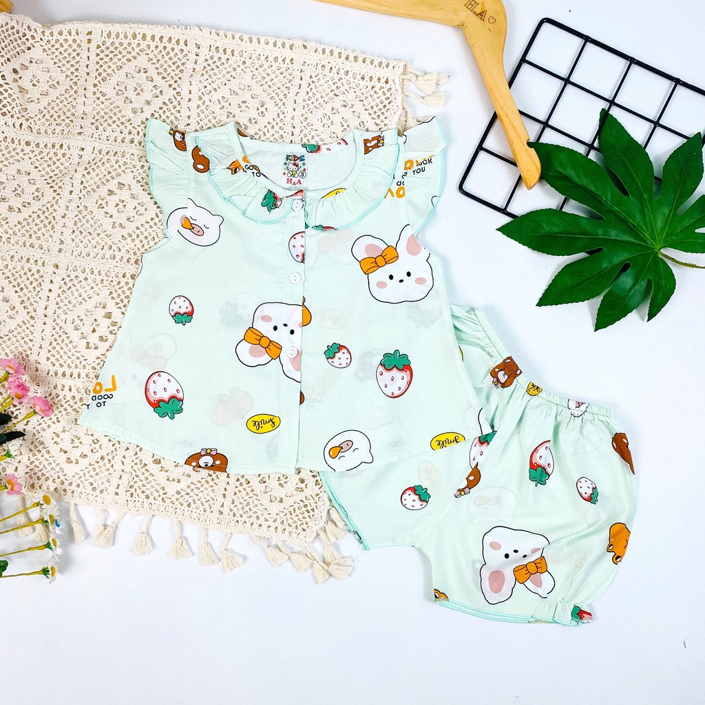 Bộ quần áo vải tôn  mẫu sát nách lai bèo tròn mềm - mịn - mát cho bé gái Megauu M099