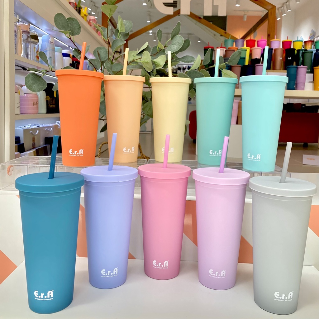Ly Bình Nước Giữ Nhiệt tặng Custom Tên Trên Bình - ERASHOP Tumb 700ML- Nhựa ABS có Kèm Nút Chống Tràn, Ống hút
