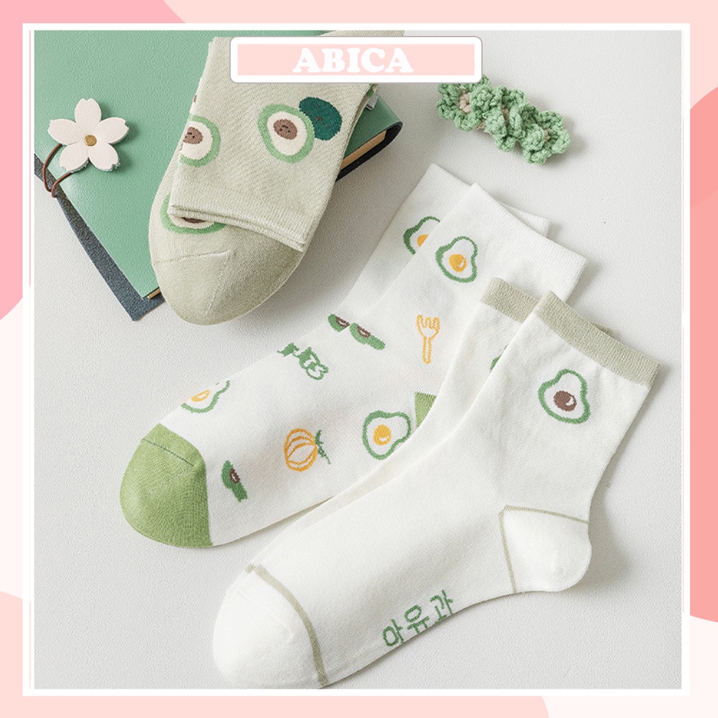 Tất vớ nữ cổ cao trắng họa tiết trái bơ xinh xắn dễ thương chất cotton co giãn phong cách Nhật Hàn mùa hè ABICA TD043