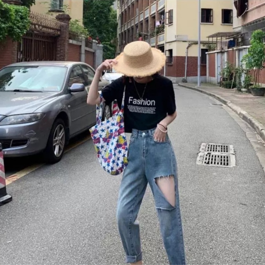 Quần Baggy Nữ Rách Gối Dáng Lửng Lưng Cao Gọn Dáng Dài 9 Tấc Kiểu Túi Truyền Thống Cơ Bản Dễ Phối Áo