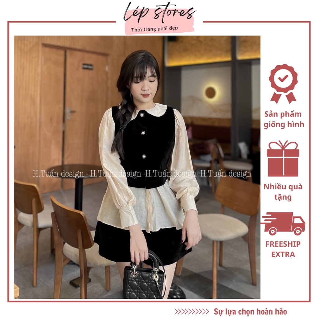 Set nữ LEP STORE bộ 3 áo gile đính cúc ngọc kèm sơ mi phối quần short tiểu thư SB483