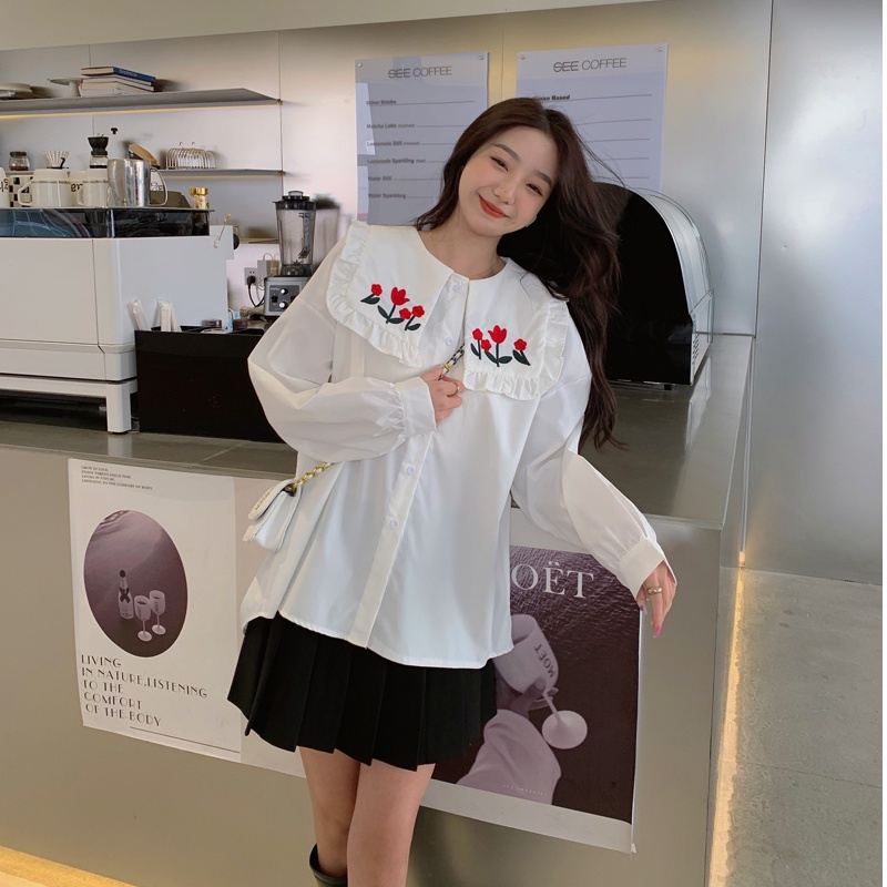 Áo sơ mi SUXI trắng tay dài dáng rộng thêu họa tiết phong cách Hàn Quốc thời trang mùa xuân cho nữ