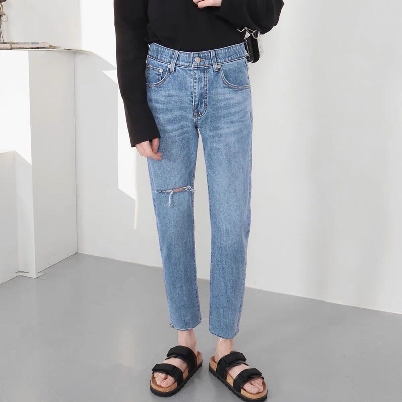 HÀNG MỚI Quần Jean Skinny Nam Xanh Đậm Co Dãn Rách 1 Bên Đùi Phải From Dáng UNISEX Hàn Quốc