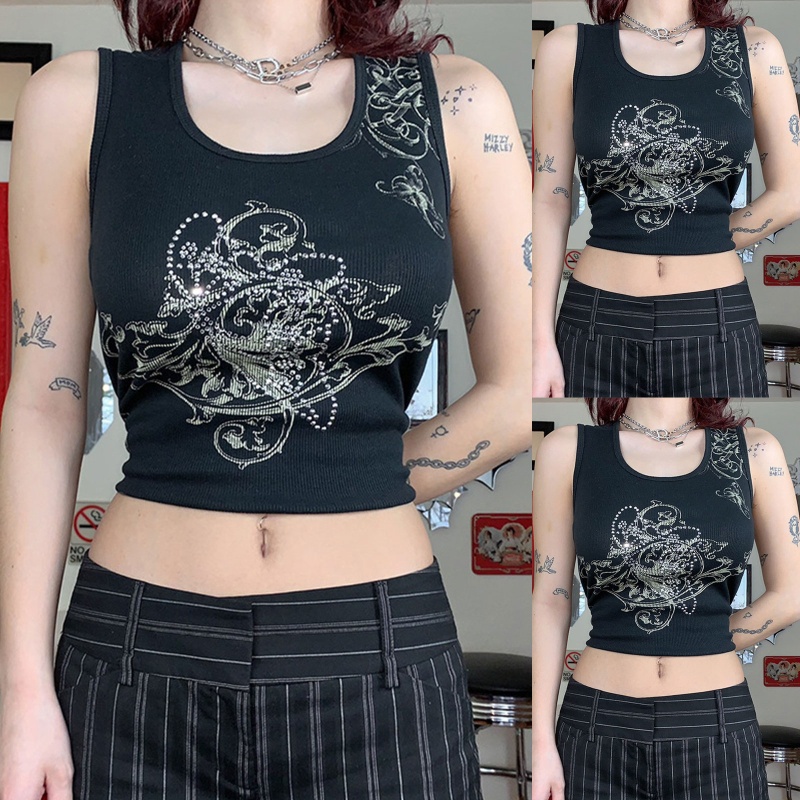 Brroa Áo Tank Top Không Tay Dáng Suông In Họa Tiết Hoa Vintage Phong Cách Harajuku Gothic Punk Mùa Hè Cho Nữ