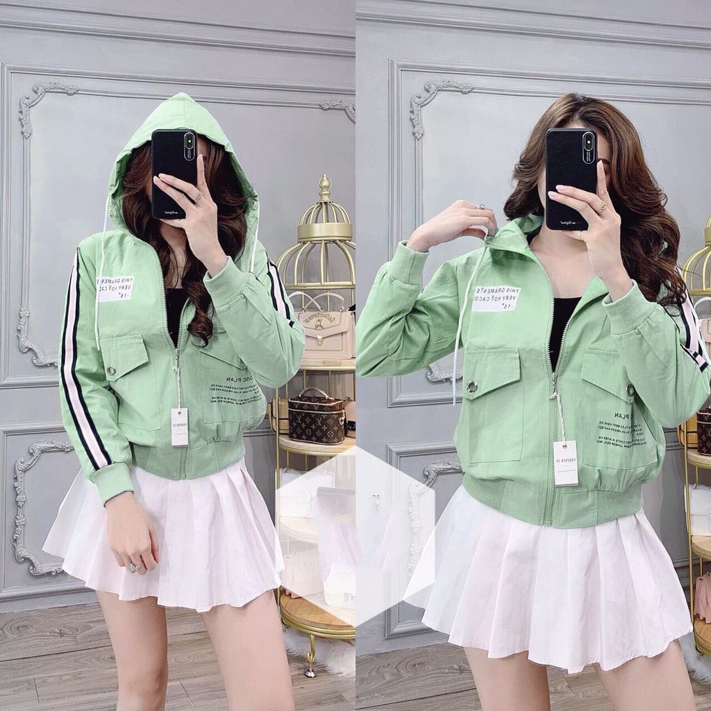 Áo khoác Nữ dù 2 lớp form ôm eo, in chữ Nhật siêu Hot