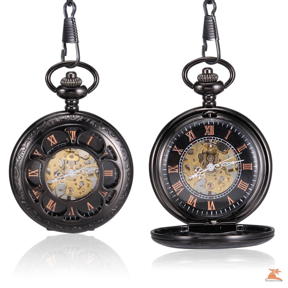#Đồng hồ bỏ túi# Men Women Quartz Pocket Watch Black Hollow Petal Carved Case with Chain