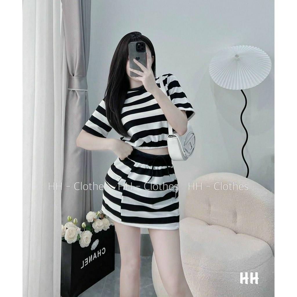 Set váy gân kẻ sọc áo croptop tay ngắn khoét lưng mix chân váy xòe ngắn cực kì dễ thương, tôn dáng phù hợp đi chơi dạo