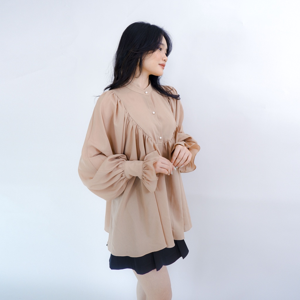 Áo sơ mi nữ cổ tàu ANDIEN nhiều màu, tay bồng nhún ngực đính cúc ngọc trai nữa tính - AO01