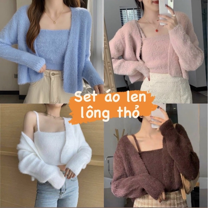 [SALE XẢ] SET ÁO HAI DÂY CADIGAN LEN LÔNG THỎ CO GIÃN