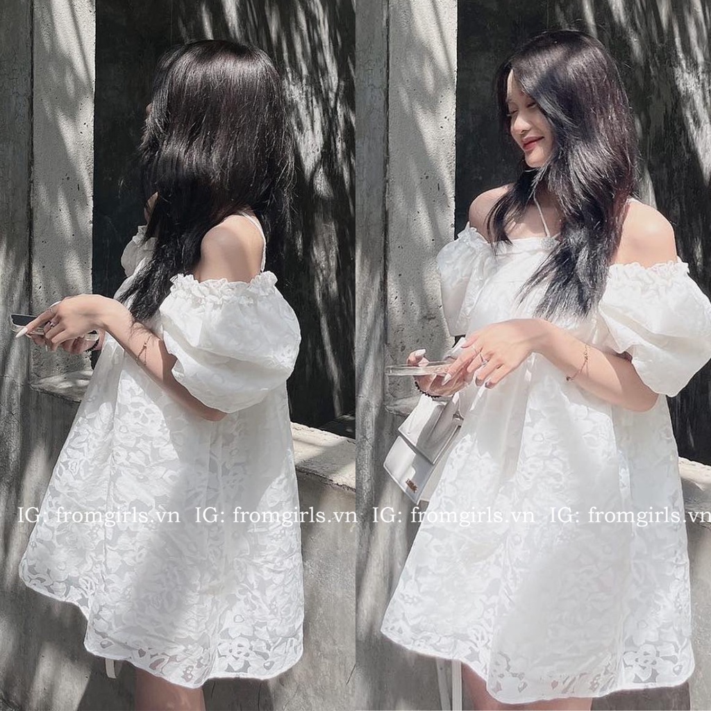 Váy yếm trễ vai, đầm trễ vai buộc dây yếm sexy dáng babydoll - V93