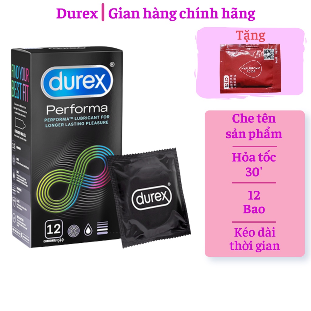 Bao cao su Durex Performa 12s. Bao cao su kéo dài thời gian quan hệ, chống xuất tinh sớm.