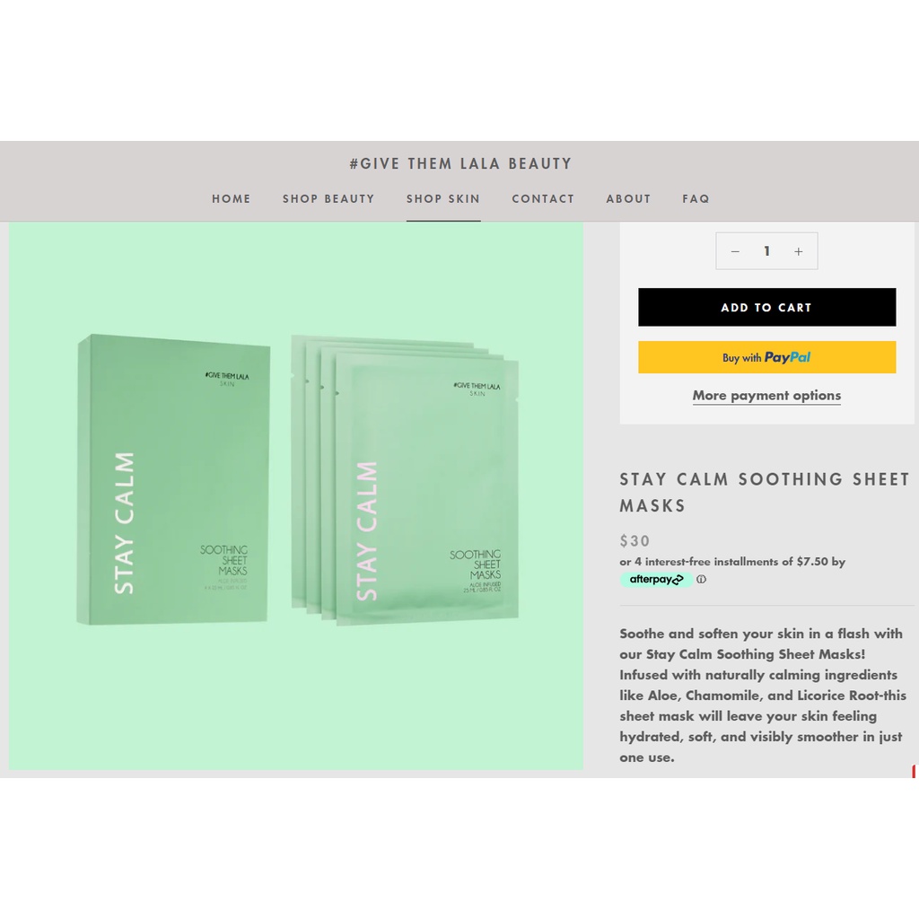 Set 4 Mặt Nạ Give them lala skin Stay Calm Soothing Sheet Masks 30$