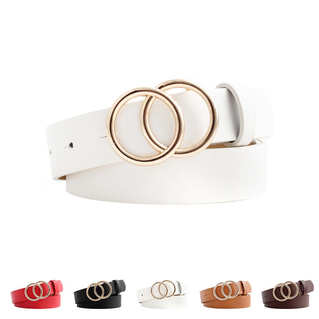 Thắt Lưng Da Màu Đen Trơn Khóa Tròn Đôi Có Thể Điều Chỉnh Thời Trang Cho Nữ