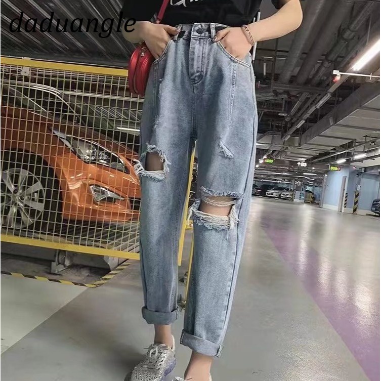 Quần jean Daduhey dáng rộng lưng cao kiểu rách thời trang phong cách Hàn Quốc cho nữ plus size