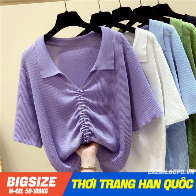 Áo thun Bigsize Áo dệt kim nữ form rộng tay ngắn có cổ thiết kế dây rút trơn mùa hè Phong cách Hàn Quốc Thời Trang cá tính xinh đẹp cho người mập béo nữ