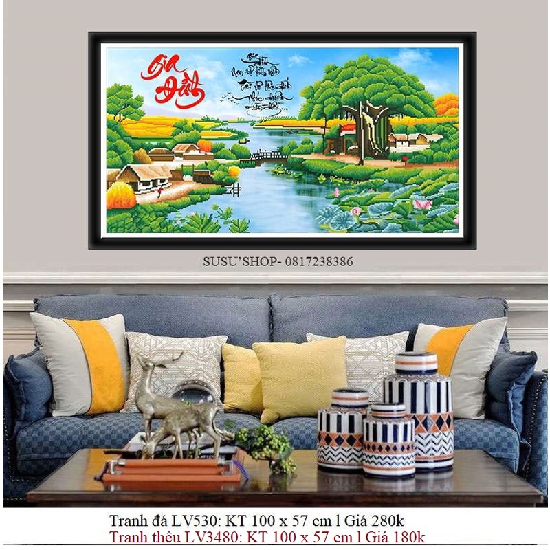 Tranh thêu chữ thập  Phong cảnh làng quê - Gia Đình LV3480 . Tranh đá LV530