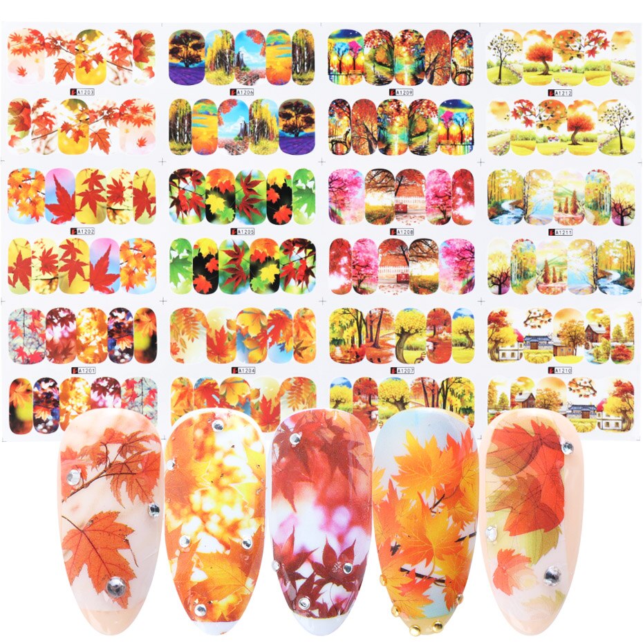 [Hàng mới về] Set 12 miếng dán họa tiết lá cây mùa thu/động vật tự trang trí móng tay nghệ thuật
