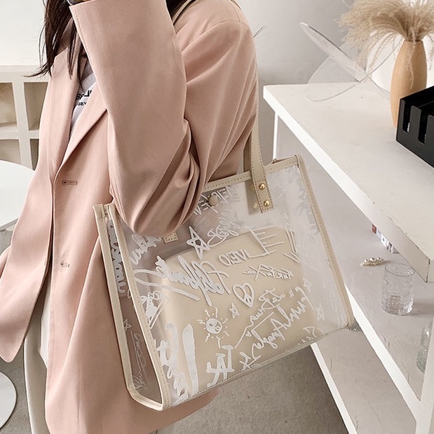 Túi xách HAPPY HOMLIV bằng nhựa dẻo trong suốt sức chứa lớn 13-inch cho nữ