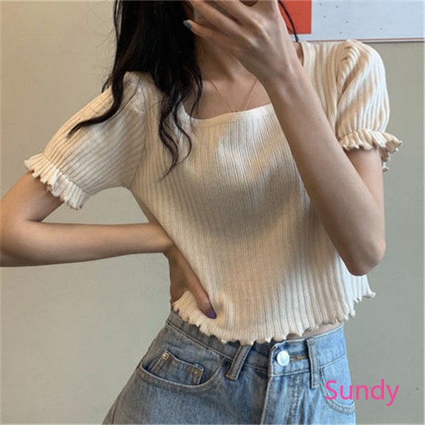 Áo Croptop Ngắn Tay Cổ Vuông Xinh Xắn Theo Phong Cách Hàn Quốc Dành Cho Nữ