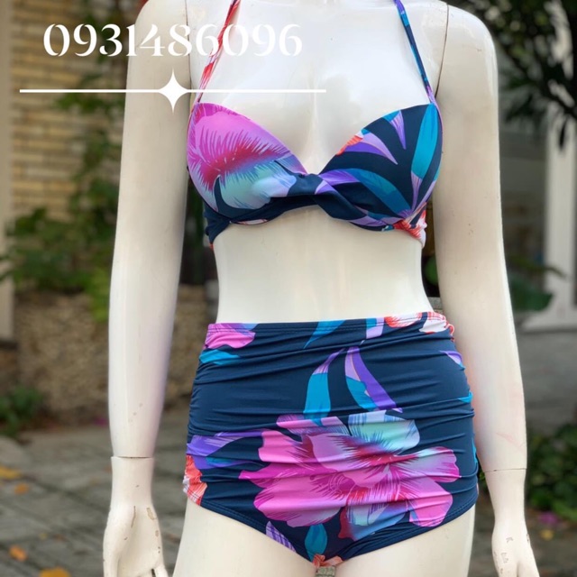 Bikini xoắn ngực - quần nhún hoa lá ( áo mút nâng)