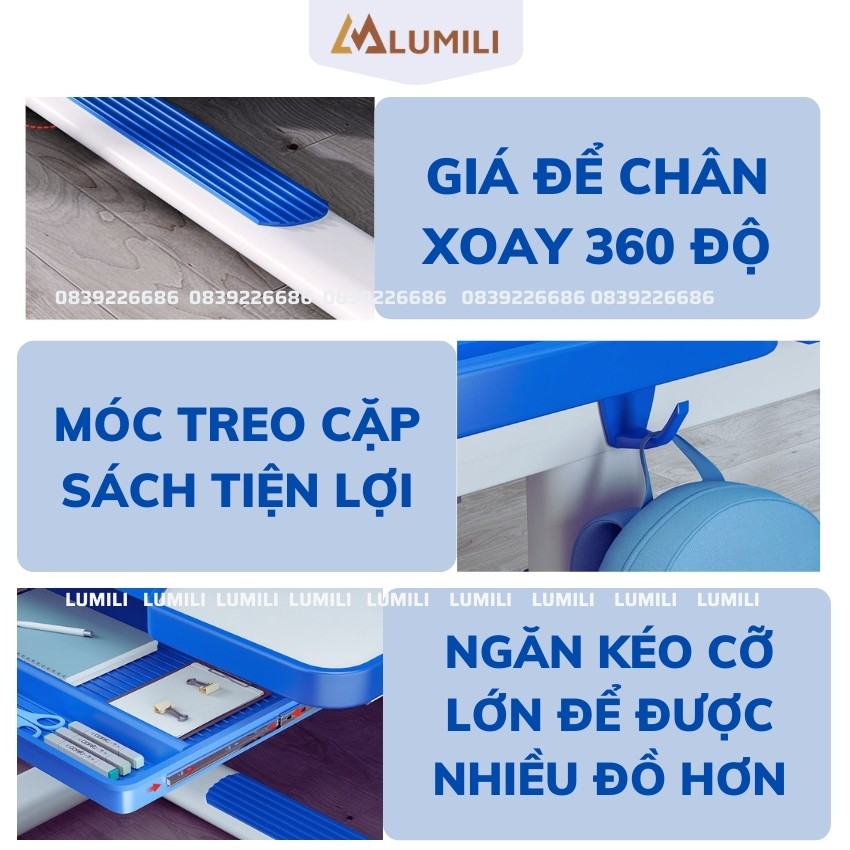 bàn học có giá sách cho bé Lumili M8 chống gù chống cận, bàn học kèm kệ sách cho bé, phù hợp cho học sinh tiểu học