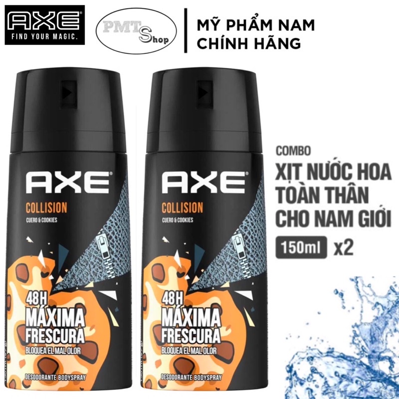 Combo 2 Xịt khử mùi toàn thân nam AXE Collision Leather & Cookies 150ml x 2 chai hương nước hoa