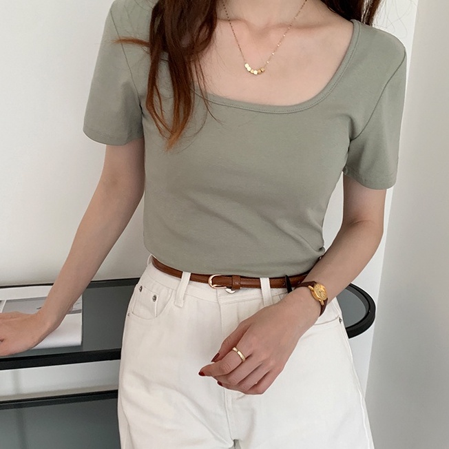 Áo Thun Mỏng Cổ Vuông Ngắn Tay Dáng Ôm Thời Trang Mùa Hè 49113