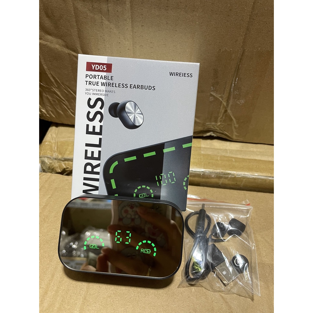 Tai nghe Bluetooth YD05 V5.3 mặt gương Pin trâu có đèn pin Không Dây Kèm Mic