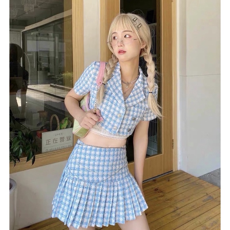 Set dạ tweed áo croptop cổ vest kèm chân váy ngắn xếp ly chic ulzzang SAM SAM BOUTIQUE