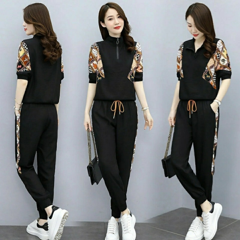 Bộ đồ 2 món áo thun tay ngắn cổ polo + quần dài phối dây rút thiết kế in họa tiết thời trang cho nữ