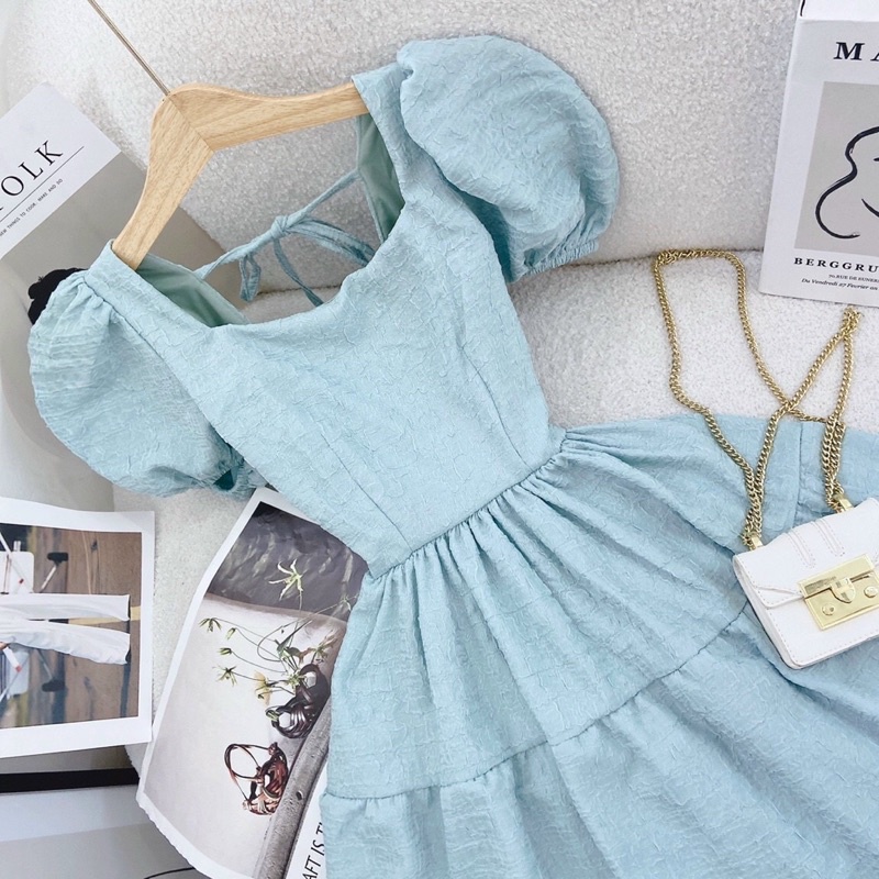 Đầm nữ hotgirl siêu xinh,váy cutout lưng cổ u tay phồng phong cách tiểu thư chanh sả