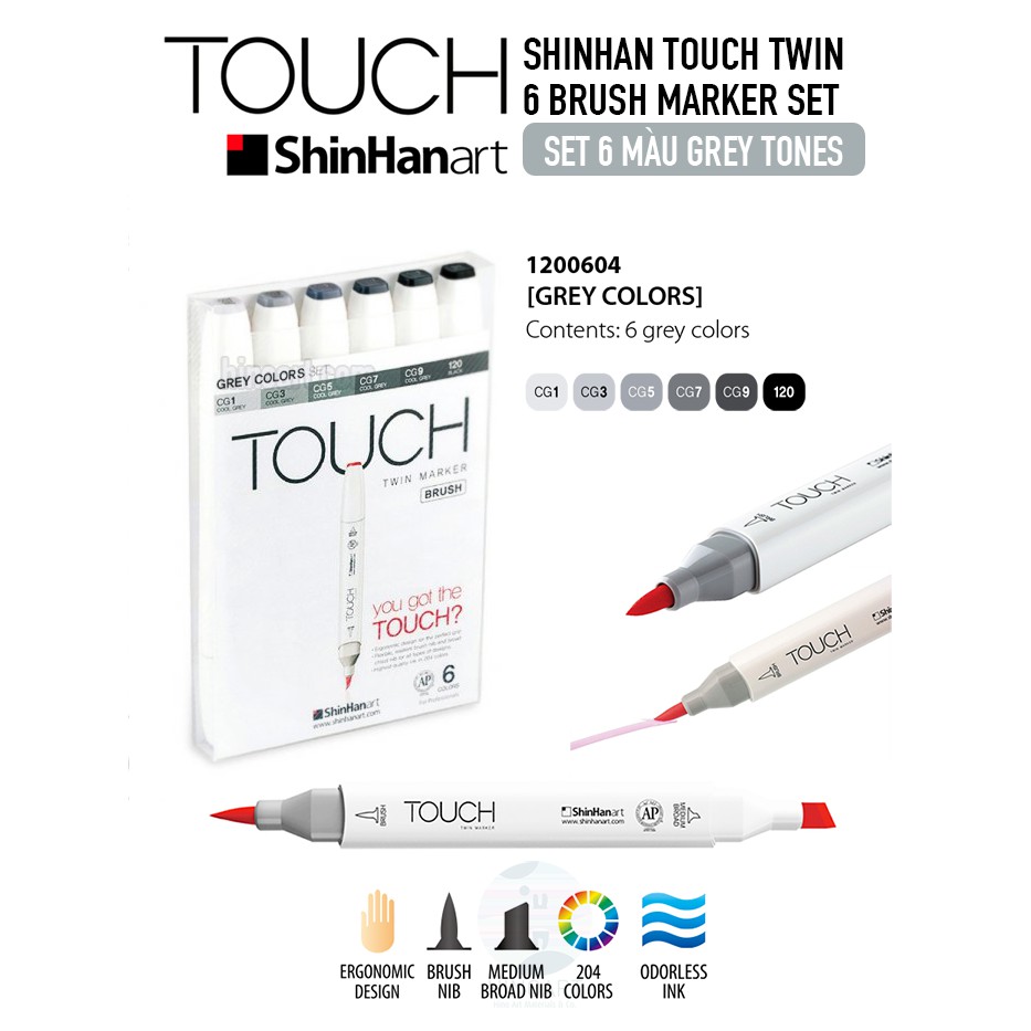 ShinHan Touch Twin Brush Marker Các Set 6 Màu (Pastel; Skin A/B; Fluorescent; Greys)