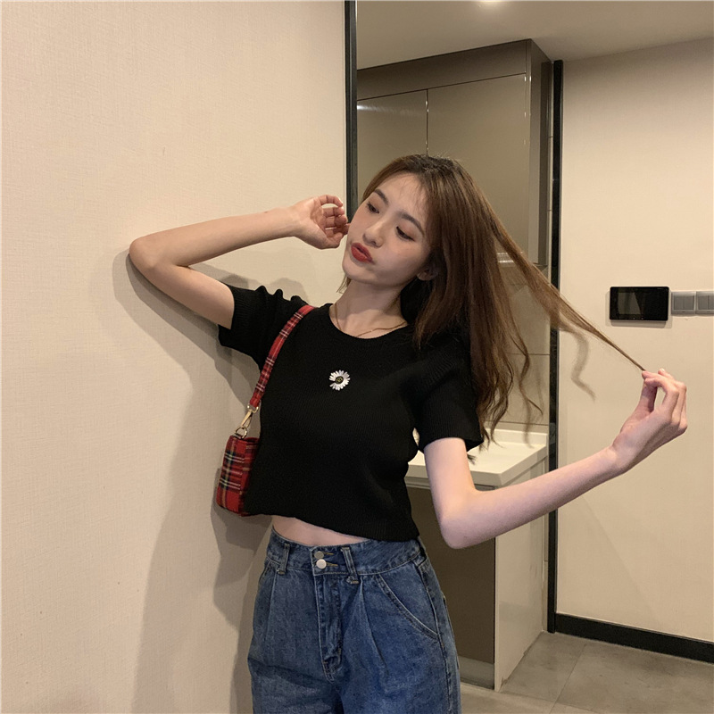 Women's Fashion Slim Floral Embroidery Round Neck Crop Top Short Sleeve Korean Casual T-shirt
