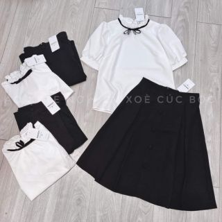Set áo cổ nơ + chân váy xòe