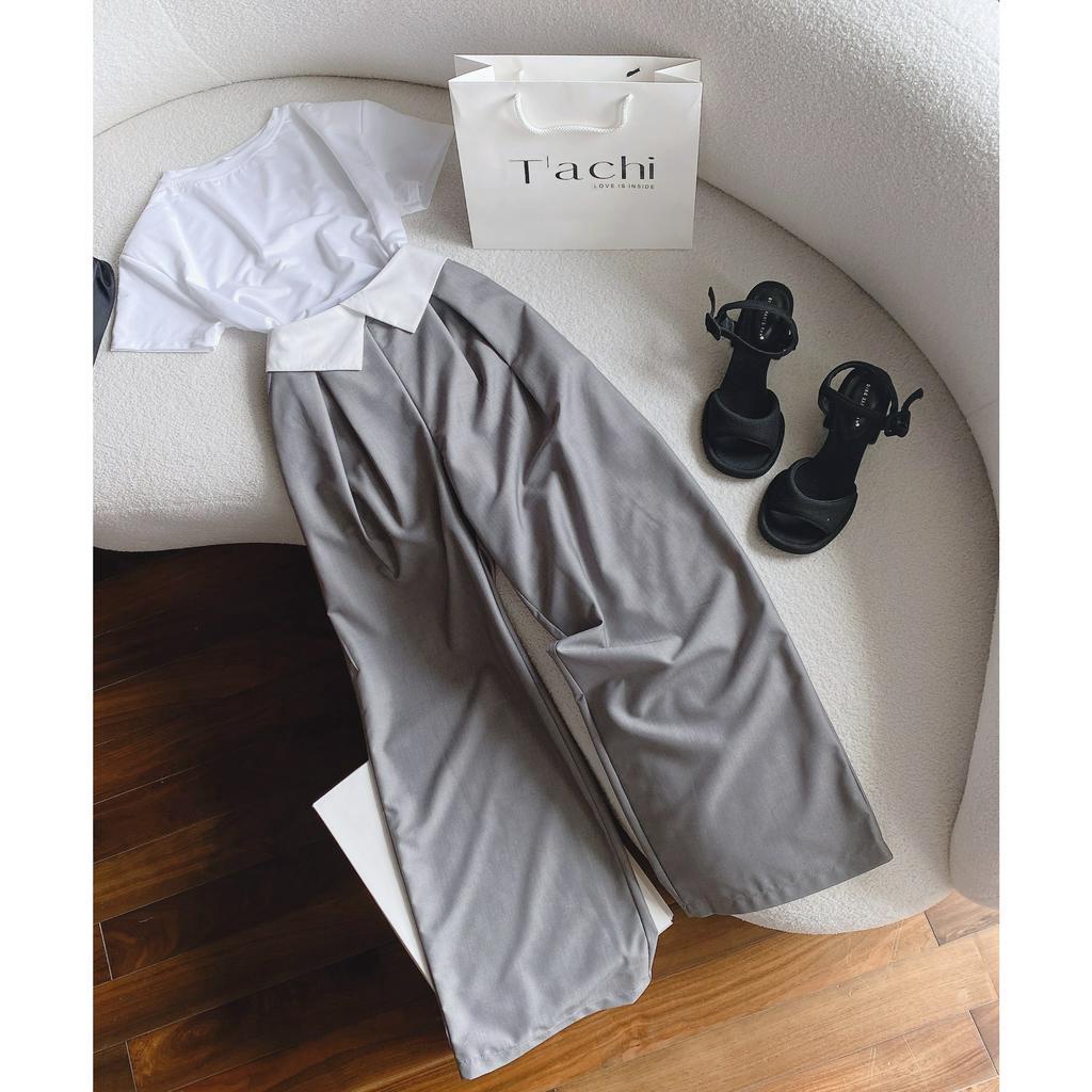 SET ÁO CROPTOP + QUẦN SUÔNG XÁM LẬT VIỀN (TH)