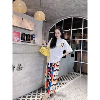 Set Đồ Nữ Áo Thun Trắng In Hình Gấu + Quần Dài Suông Thun Gân Họa Tiết Gấu Màu Hồng Freesize Cao Cấp