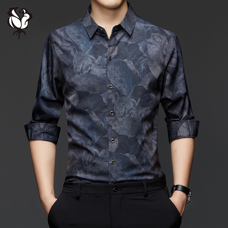 Áo Sơ Mi Nam Dài Tay in Hoa Thời Thượng Áo Sơ Mi in Kỹ Thuật Số Mỏng Trẻ Trung Và Trung Niên Áo Mỏng Thường Ngày