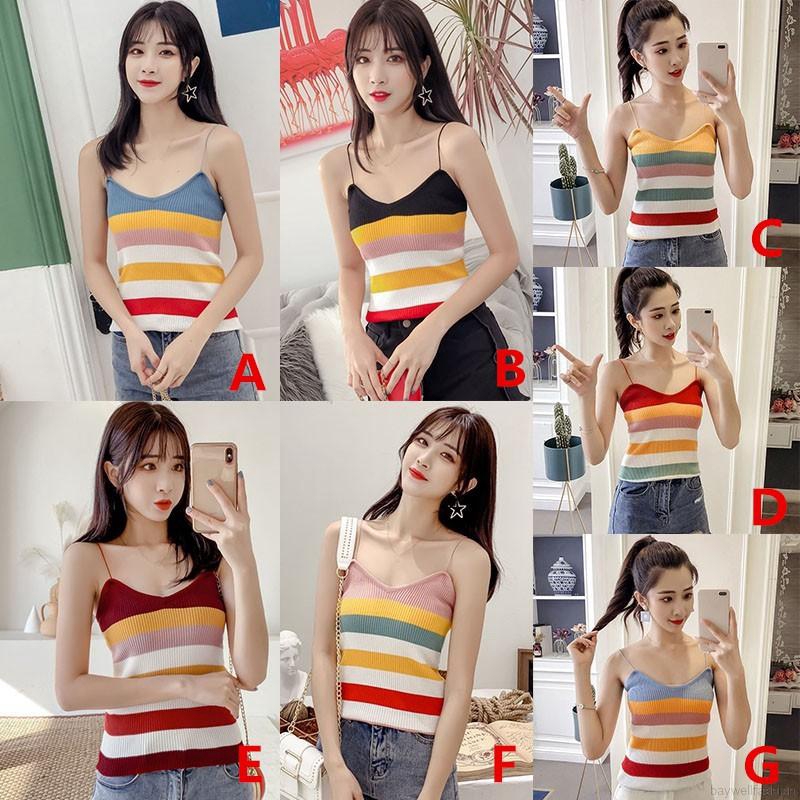 [Baywellfashion]Áo dây camisole hoạ tiết kẻ sọc màu trắng đen thiết kế cổ chữ V quyến rũ