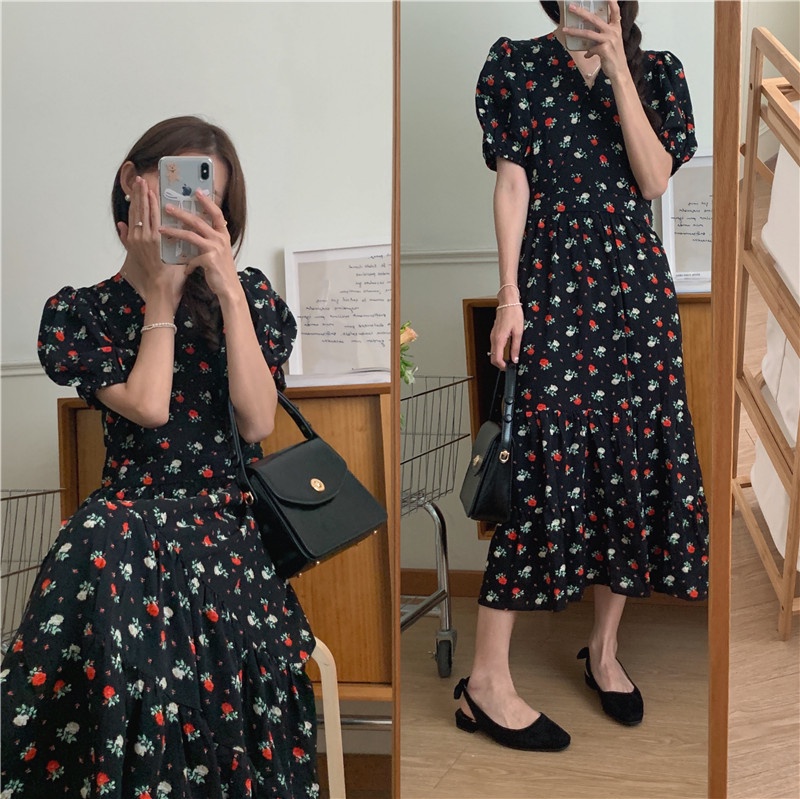 Đầm Hoa Ngắn Tay Cổ Chữ V Thời Trang Hàn Quốc Mới 52110