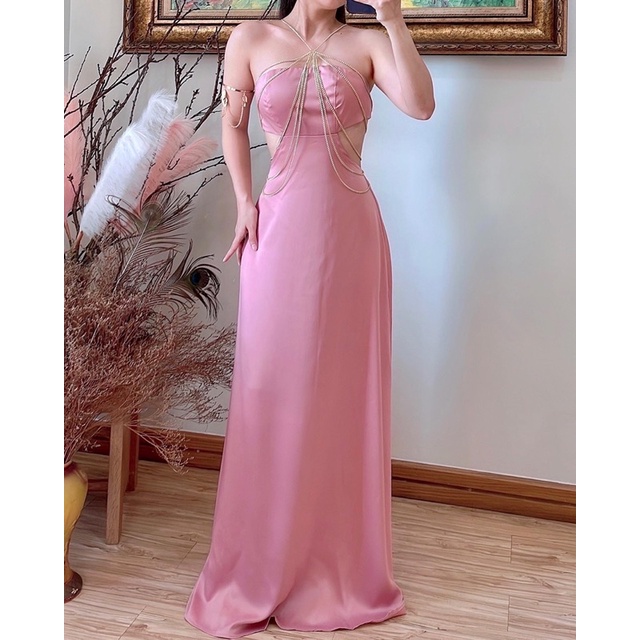 Đầm satin dự tiệc hồng ngọt ngào cutout cực thời thượng