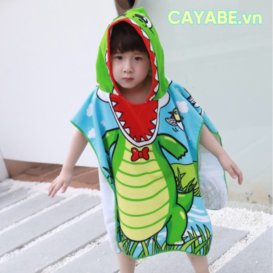 Khăn tắm choàng cho bé size LỚN CAYABE đi bơi, đi biển có mũ trùm đầu khủng long xanh lá (tặng túi rút tiện lợi)