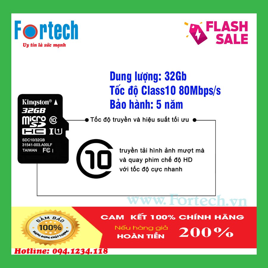 Thẻ nhớ Micro SD Kingston 32G Class 10, tốc độ 80Mbps/s