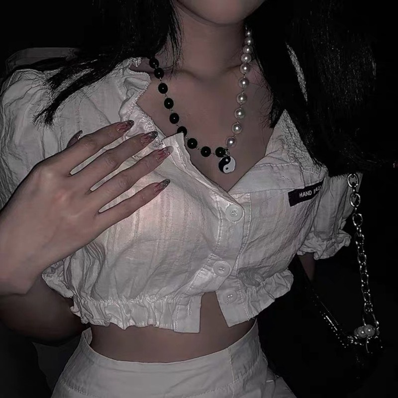 vòng cổ Mặt Hình Âm Dương Đính Ngọc Trai Thời Trang Unisex